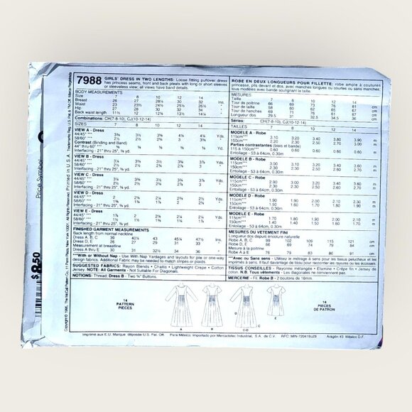 Vintage 1990s McCalls Sewing Pattern 7988 Girls Dress Size 7-10 Uncut - Picture 2 of 2